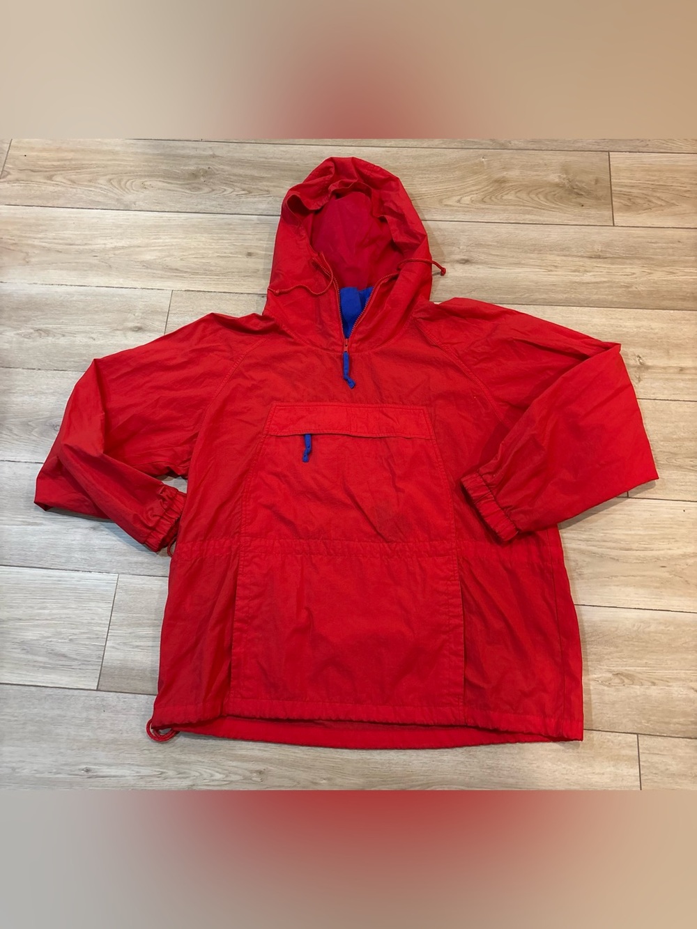 Eddie Bauer Red Nylon Pullover Windbreaker Anorak Large L Vtg Kangaroo Pocket